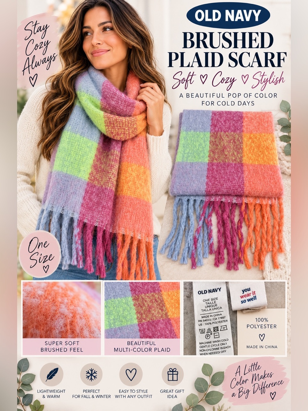 Old Navy Women’s Brushed Multicolor Plaid Fringe Rectangle Scarf Polyester